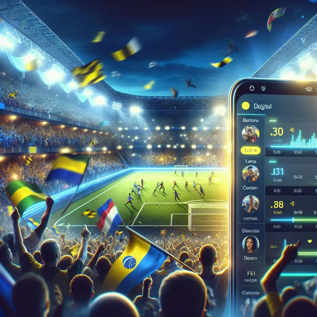 Banner de apuestas de fútbol en línea en Wplay, estadio lleno y pantalla móvil mostrando la plataforma