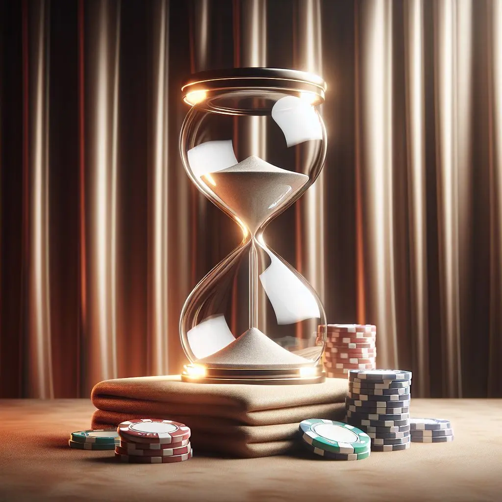 Ilustración de reloj de arena y fichas para simbolizar límites de tiempo y dinero en apuestas Wplay