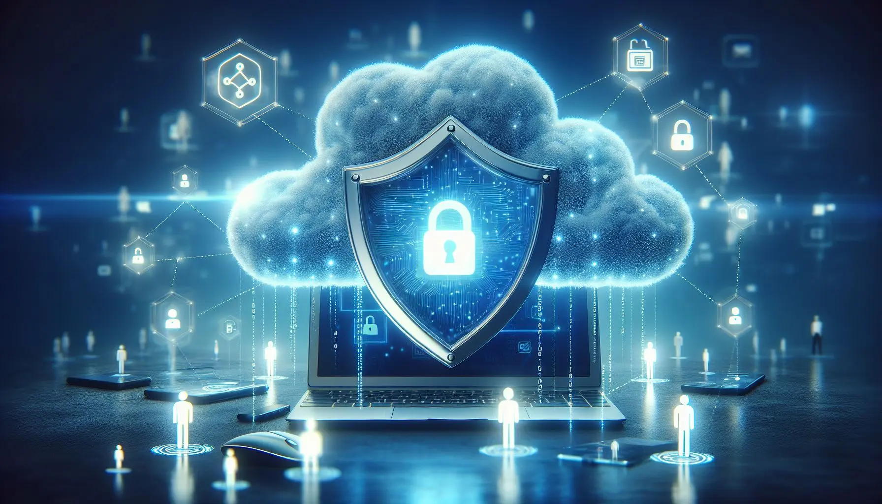 Escudo símbolo de protección de datos personales en Wplay, dispositivos conectados y datos cifrados.